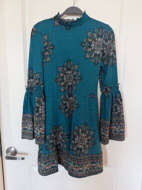Teal Medallion Print Mini Dress with Bell Sleeves